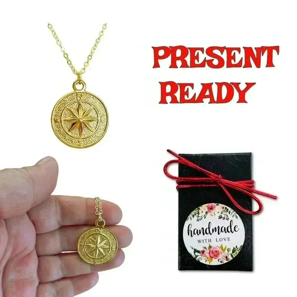 Gold coin compass necklace nautical jewelry made with love - Picture 3 of 9